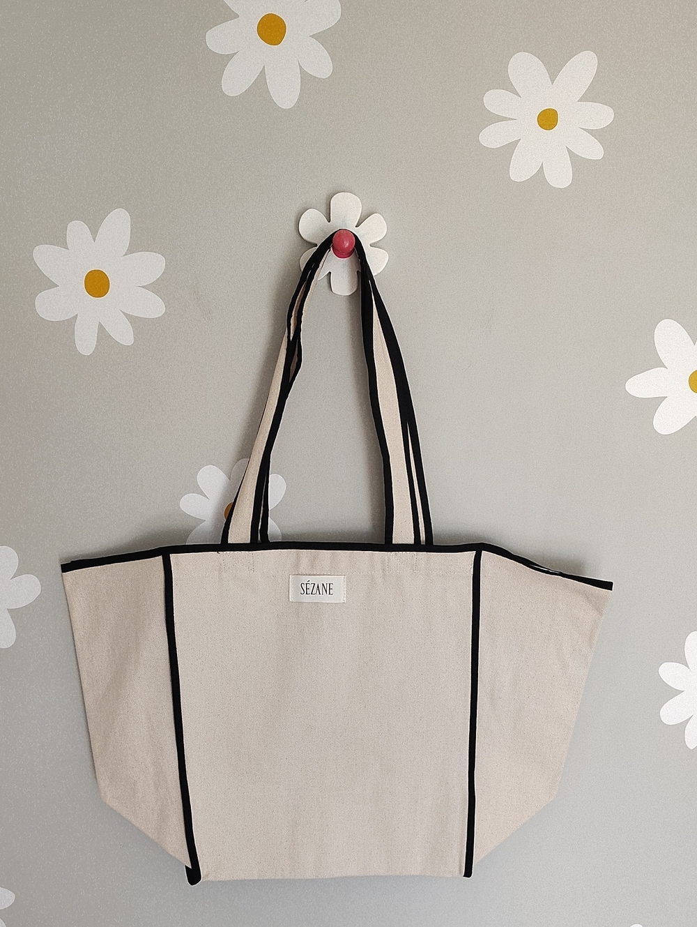 NWOT Sezane Organic Cotton Canvas Creamy Beige With Black Trim Large Tote Bag